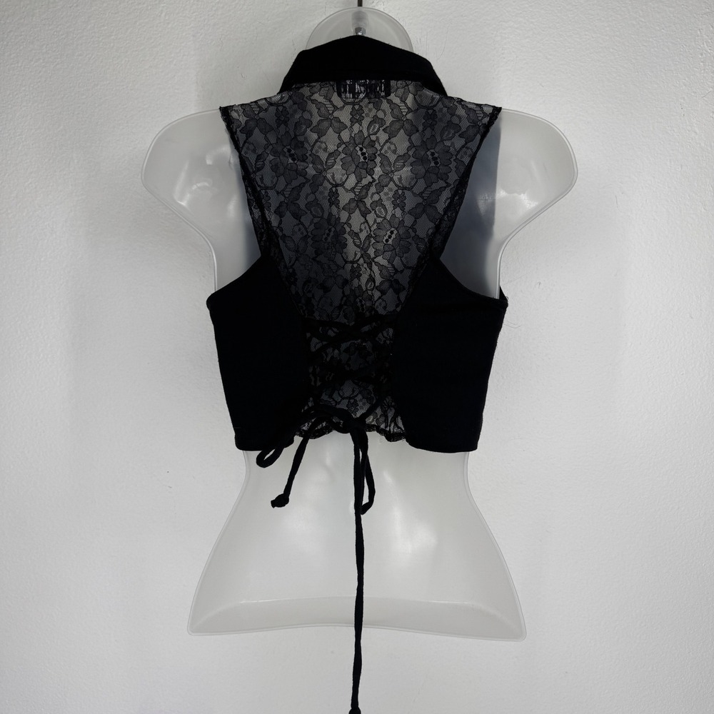 Y2K Vintage Black Cropped Vest Lace Back Corset Lace Up Tuxedo Waistcoat Small
